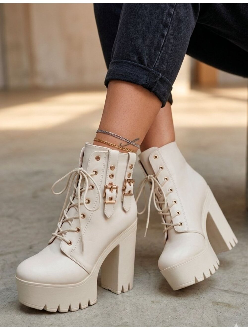 Lace-Up Platform Chunky Heel Ankle Boots With Gold Buckle Detail Faux Leather